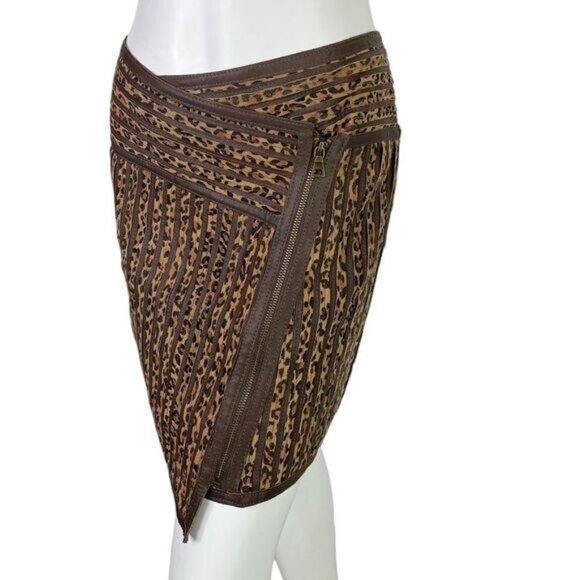 Neiman Marcus Dresses & Skirts - Neiman Marcus Cusp Brown Leather & Leopard Print Asymmetrical Zip Mini Skirt S